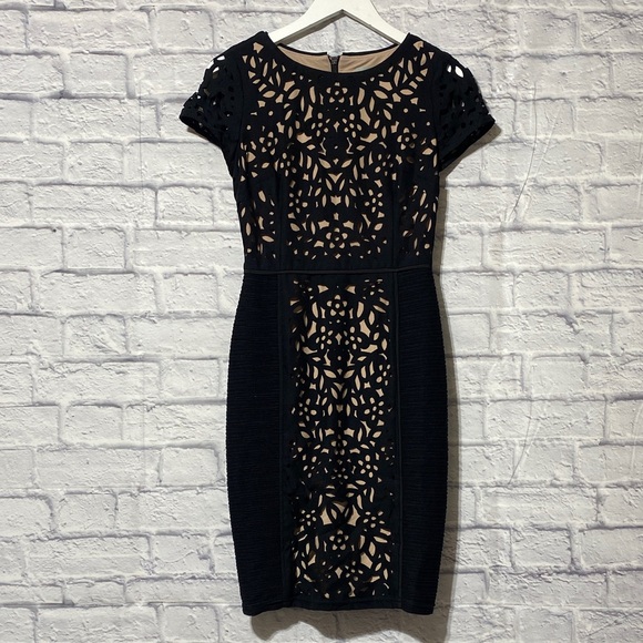 Maeve Dresses & Skirts - Maeve Black Laser-Cut Midi Dress with Nude Underlay